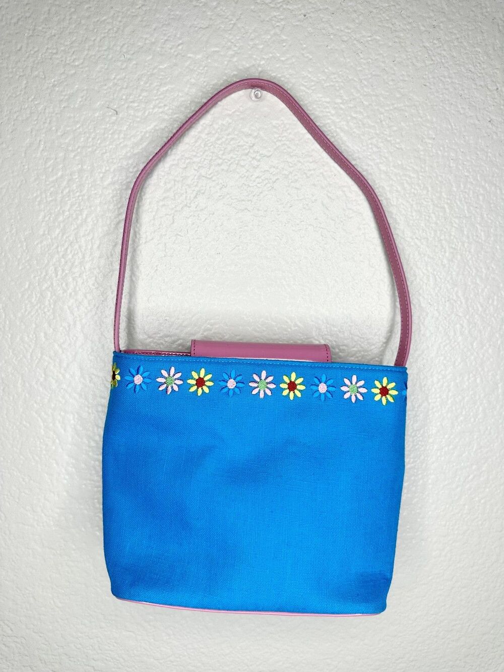Ralph Shoulder Bag Womens Small Blue Canvas Pink Leather Floral Embroidery